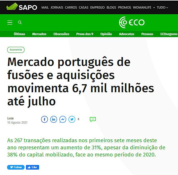 Mercado portugus de fuses e aquisies movimenta 6,7 mil milhes at julho